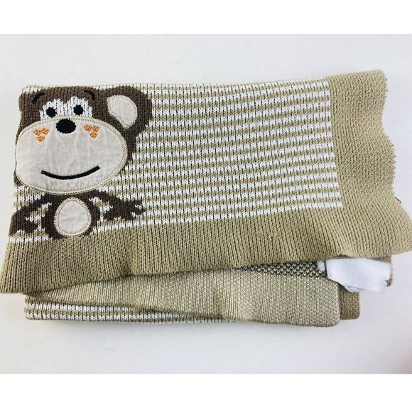 Monkey Sweater Knit Baby Blanket White Tan Beige Brown Toys ‘R’ Us Geoffrey LLC - Picture 1 of 9